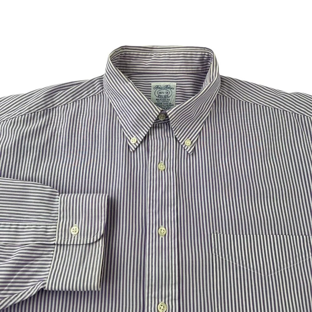 Brooks Brothers Button Down Shirt Men's 16-1/2 Purple Stripes Relaxed Fit